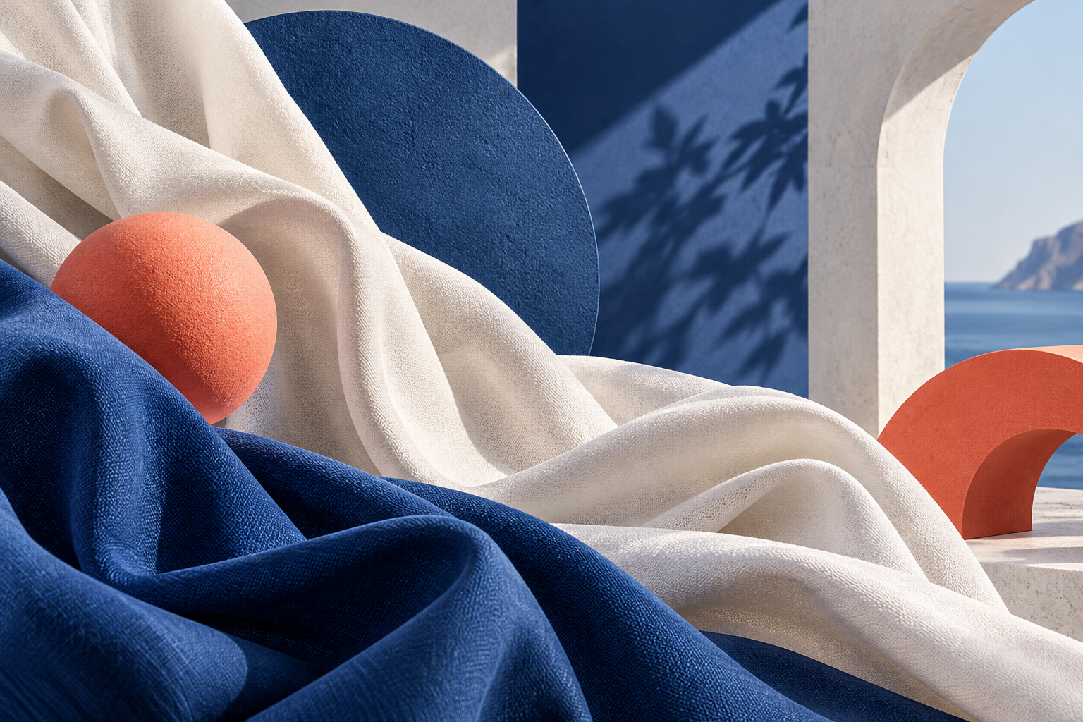 abstract cotton fabric folds and bold cobalt geometric shapes with coral accents, fashion editorial, no finished garments
